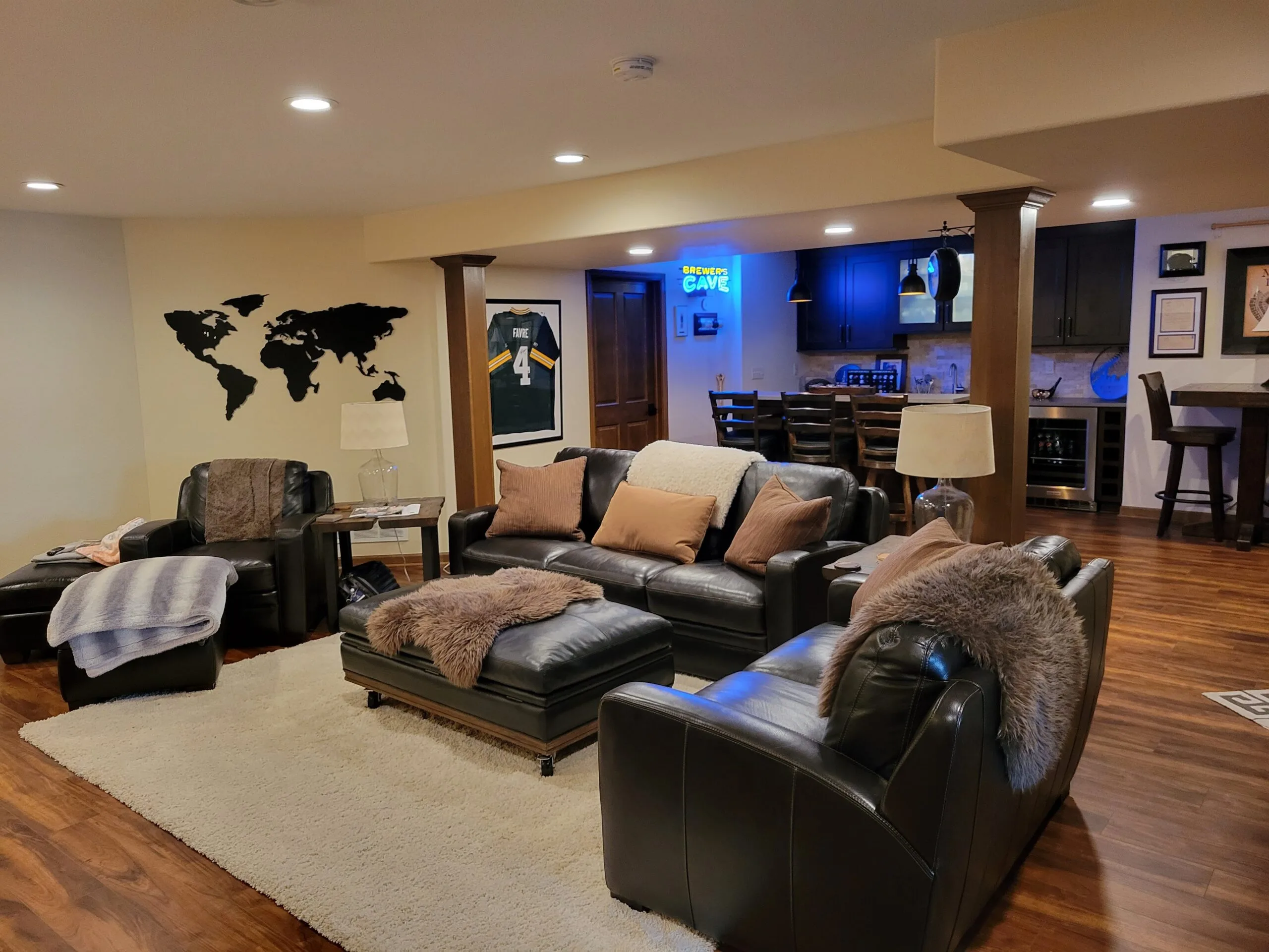 Basement lounge with custom bar